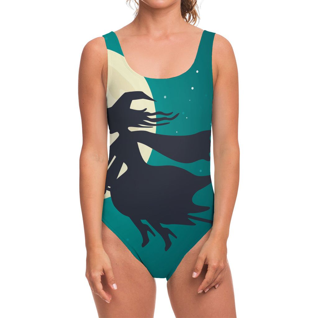 Full Moon Halloween Flying Witch Print One Piece Swimsuit
