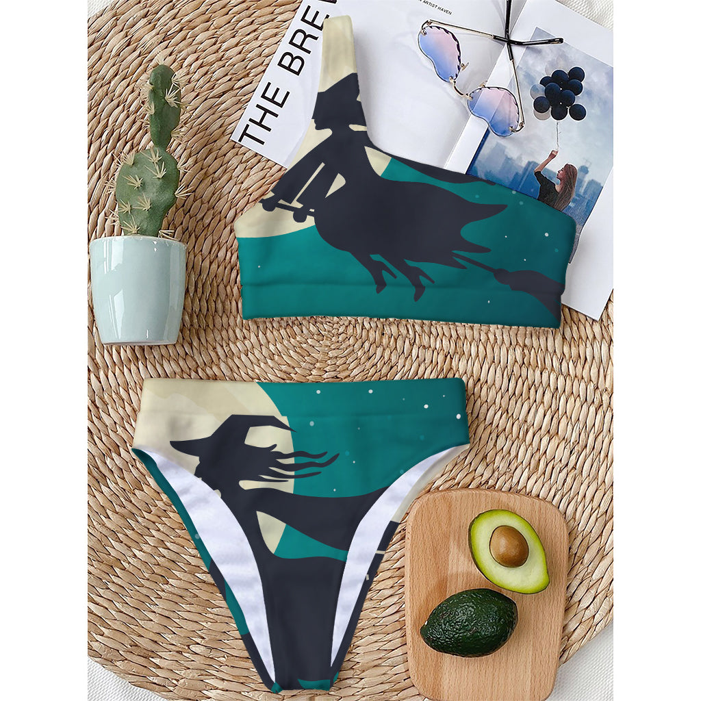 Full Moon Halloween Flying Witch Print One Shoulder Bikini Top