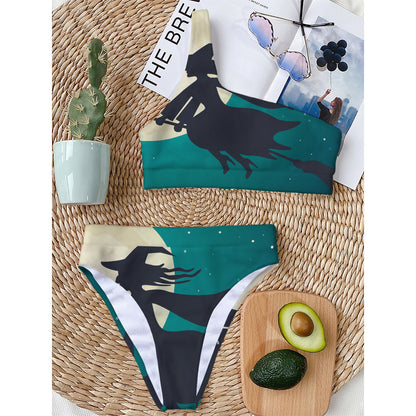 Full Moon Halloween Flying Witch Print One Shoulder Bikini Top