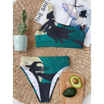 Full Moon Halloween Flying Witch Print One Shoulder Bikini Top