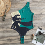 Full Moon Halloween Flying Witch Print One Shoulder Bodysuit