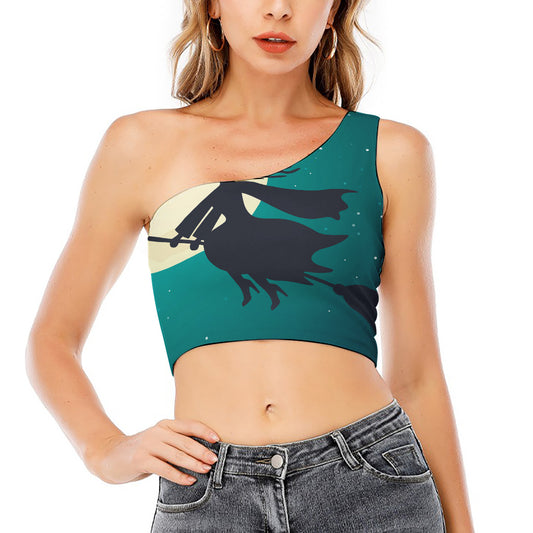 Full Moon Halloween Flying Witch Print One Shoulder Crop Top