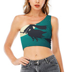 Full Moon Halloween Flying Witch Print One Shoulder Crop Top