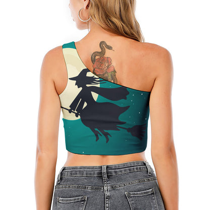 Full Moon Halloween Flying Witch Print One Shoulder Crop Top