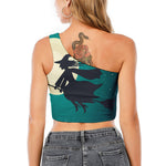 Full Moon Halloween Flying Witch Print One Shoulder Crop Top