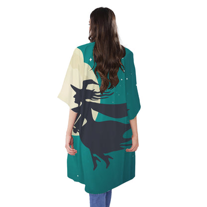 Full Moon Halloween Flying Witch Print Open Front Beach Cover Up