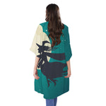 Full Moon Halloween Flying Witch Print Open Front Beach Cover Up