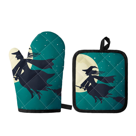 Full Moon Halloween Flying Witch Print Oven Mitt And Pot Holder Set