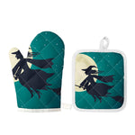 Full Moon Halloween Flying Witch Print Oven Mitt And Pot Holder Set
