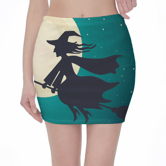 Full Moon Halloween Flying Witch Print Pencil Mini Skirt