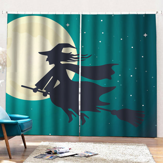 Full Moon Halloween Flying Witch Print Pencil Pleat Curtains