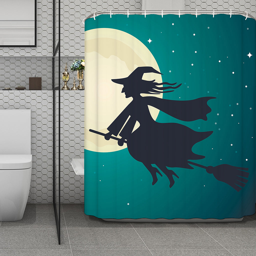 Full Moon Halloween Flying Witch Print Polyester Shower Curtain
