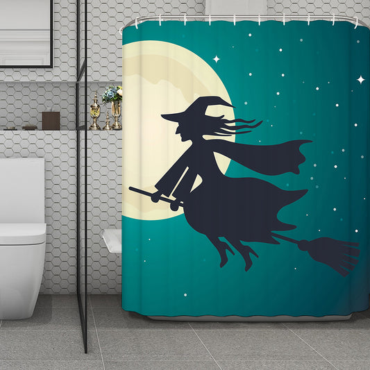 Full Moon Halloween Flying Witch Print Polyester Shower Curtain