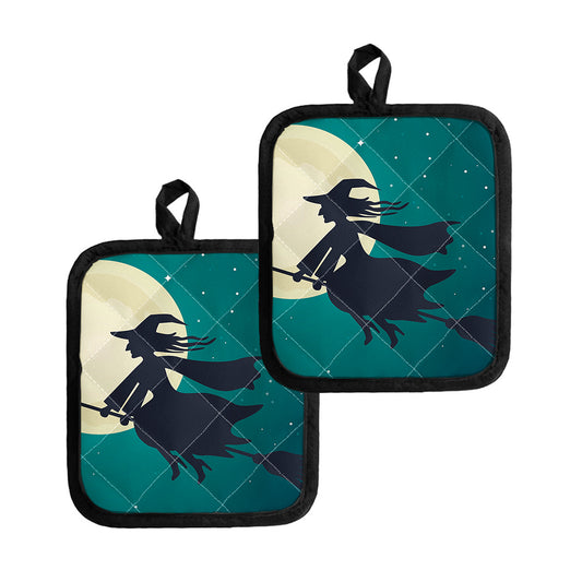 Full Moon Halloween Flying Witch Print Pot Holders