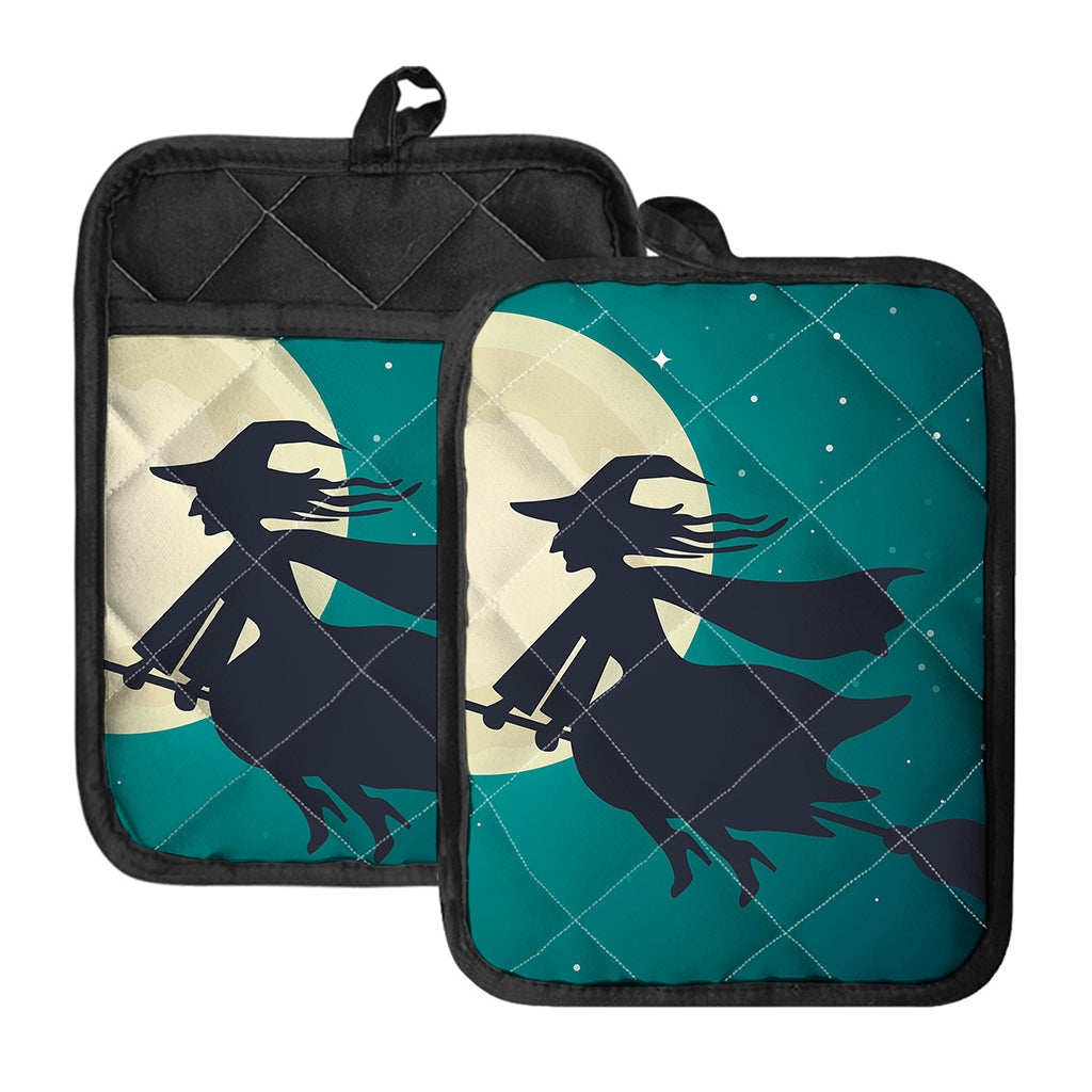 Full Moon Halloween Flying Witch Print Pot Holders With Pocket