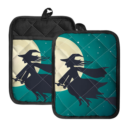 Full Moon Halloween Flying Witch Print Pot Holders With Pocket
