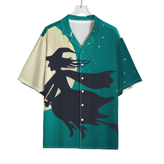 Full Moon Halloween Flying Witch Print Rayon Hawaiian Shirt
