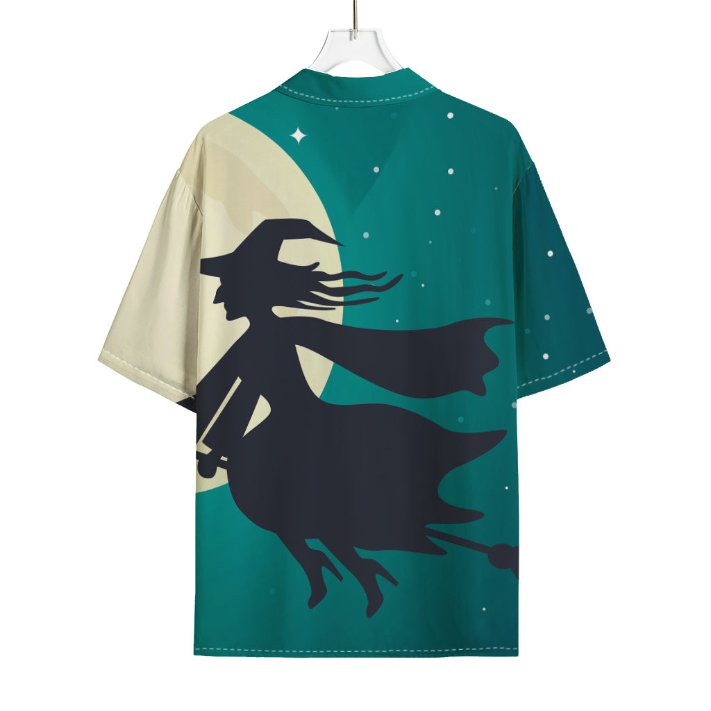 Full Moon Halloween Flying Witch Print Rayon Hawaiian Shirt