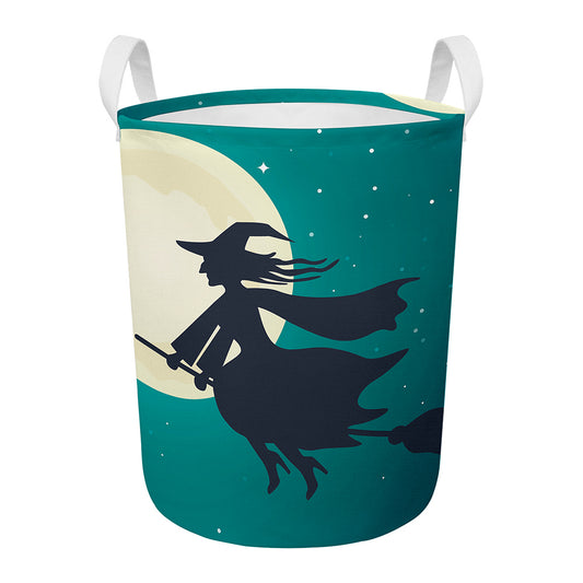 Full Moon Halloween Flying Witch Print Round Laundry Basket