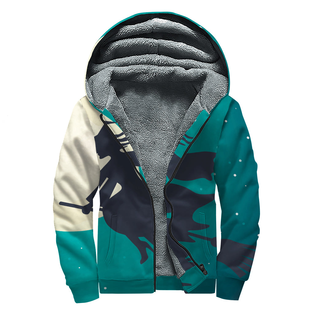 Full Moon Halloween Flying Witch Print Sherpa Lined Zip Up Hoodie