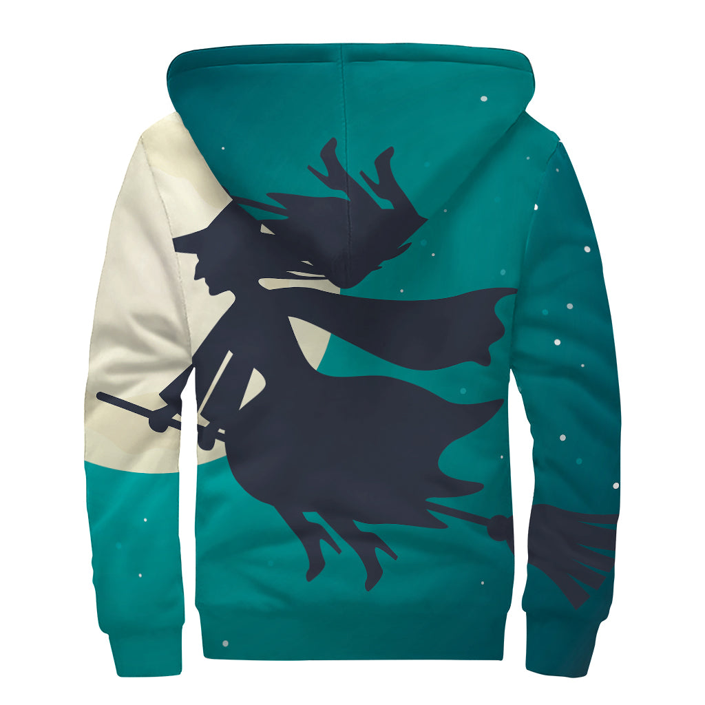Full Moon Halloween Flying Witch Print Sherpa Lined Zip Up Hoodie