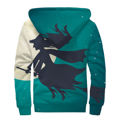 Full Moon Halloween Flying Witch Print Sherpa Lined Zip Up Hoodie
