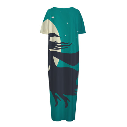 Full Moon Halloween Flying Witch Print Short Sleeve Long Nightdress