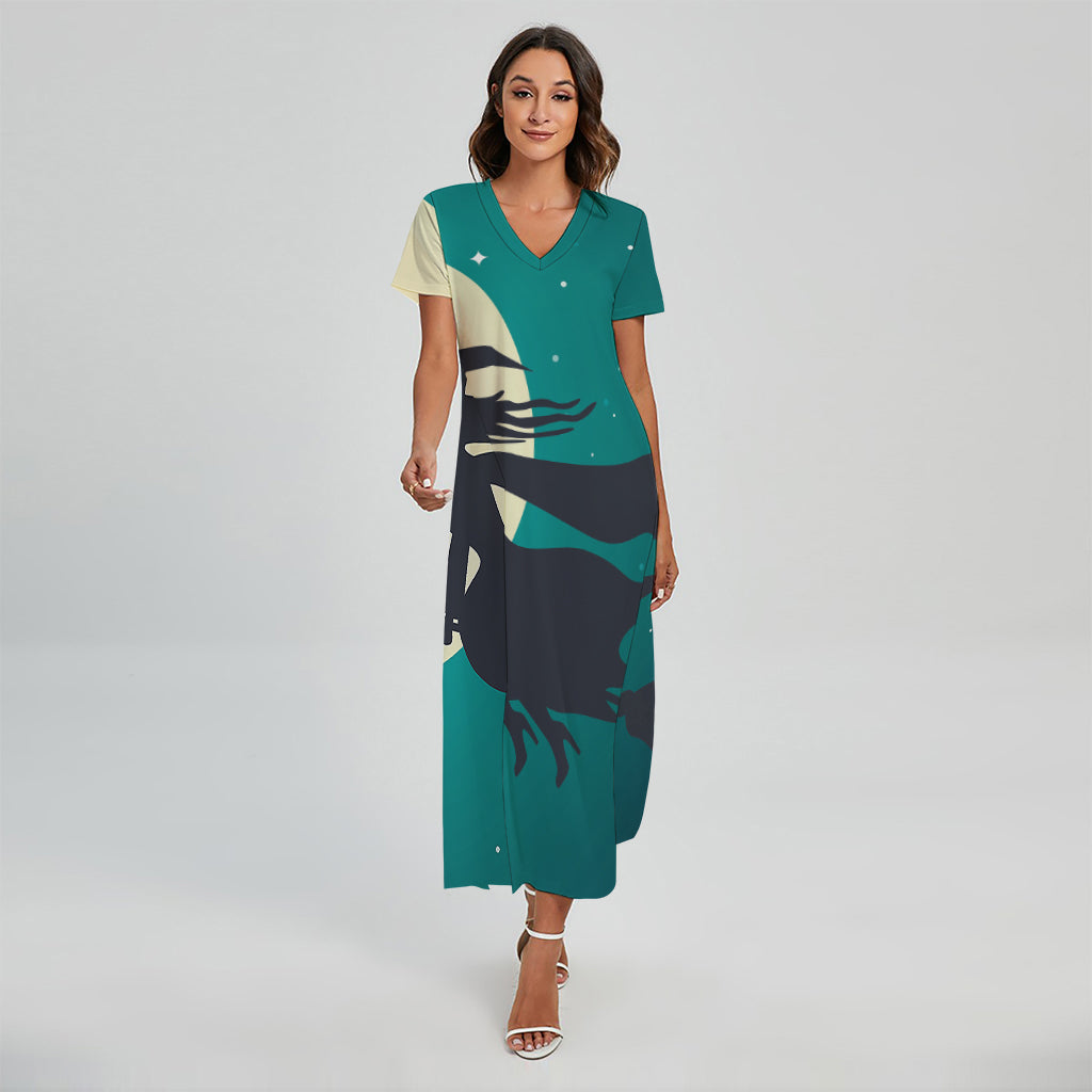 Full Moon Halloween Flying Witch Print Short Sleeve Maxi Dress