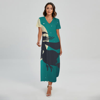 Full Moon Halloween Flying Witch Print Short Sleeve Maxi Dress