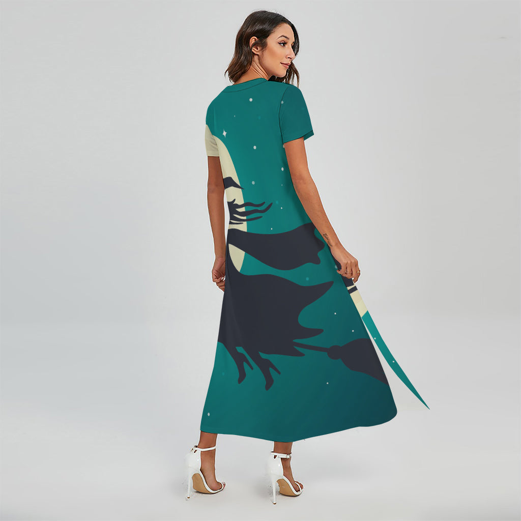 Full Moon Halloween Flying Witch Print Short Sleeve Maxi Dress