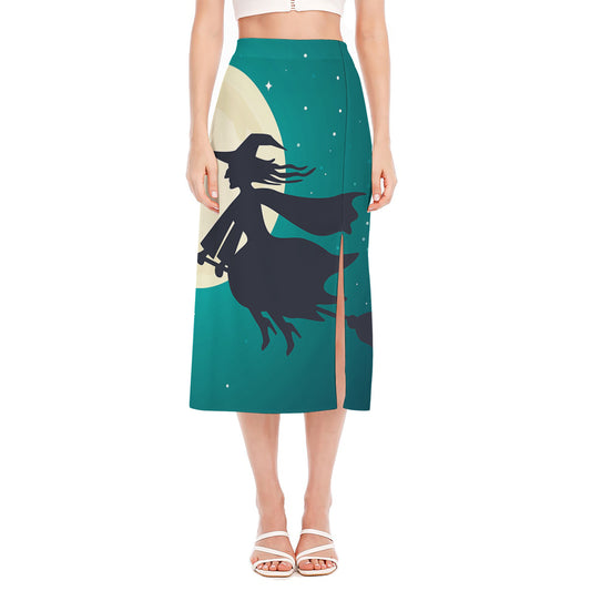 Full Moon Halloween Flying Witch Print Side Slit Midi Skirt