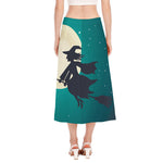 Full Moon Halloween Flying Witch Print Side Slit Midi Skirt