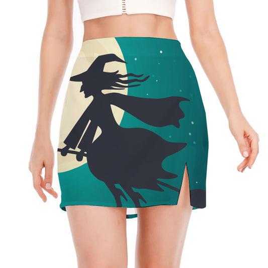 Full Moon Halloween Flying Witch Print Side Slit Mini Skirt