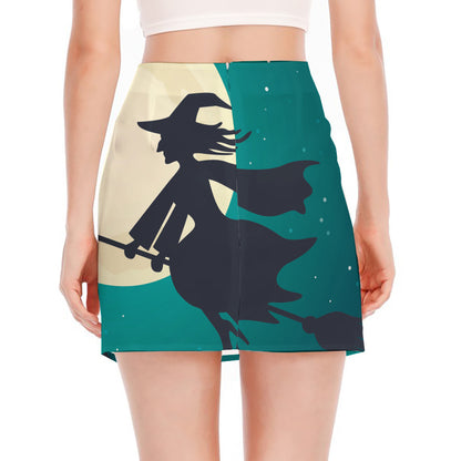Full Moon Halloween Flying Witch Print Side Slit Mini Skirt