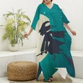 Full Moon Halloween Flying Witch Print Silk V-Neck Kaftan Dress