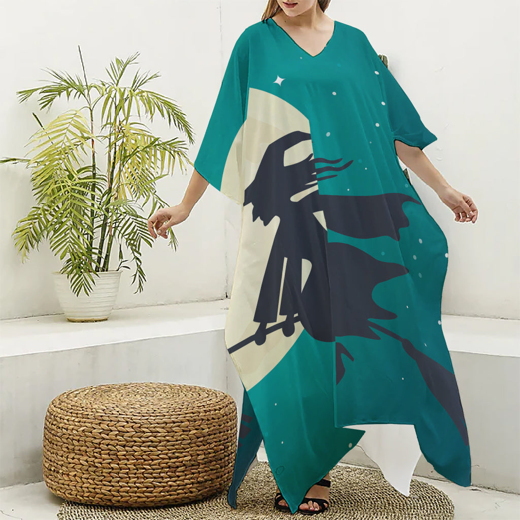 Full Moon Halloween Flying Witch Print Silk V-Neck Kaftan Dress