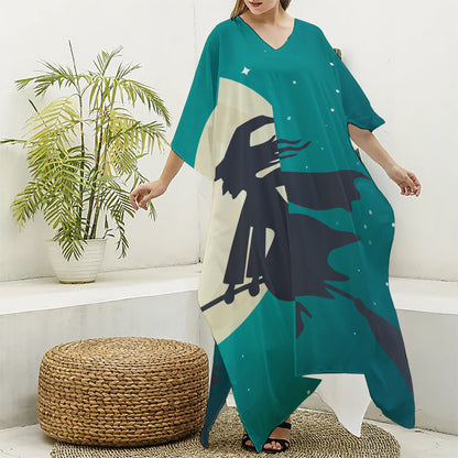 Full Moon Halloween Flying Witch Print Silk V-Neck Kaftan Dress