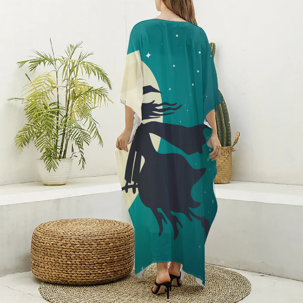 Full Moon Halloween Flying Witch Print Silk V-Neck Kaftan Dress