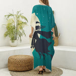 Full Moon Halloween Flying Witch Print Silk V-Neck Kaftan Dress