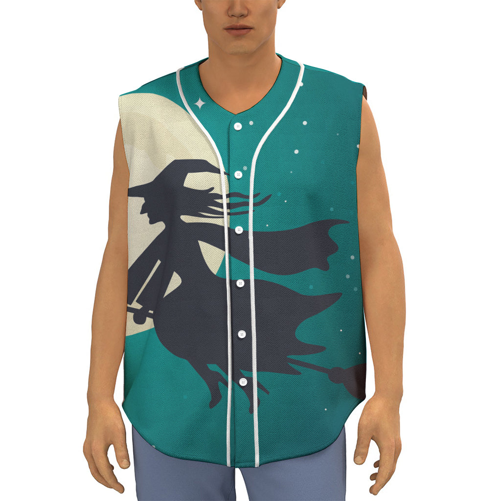 Full Moon Halloween Flying Witch Print Sleeveless Baseball Jersey