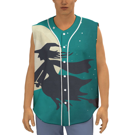 Full Moon Halloween Flying Witch Print Sleeveless Baseball Jersey