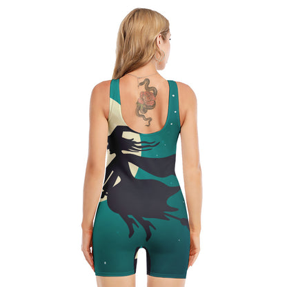 Full Moon Halloween Flying Witch Print Sleeveless One Piece Swimsuit