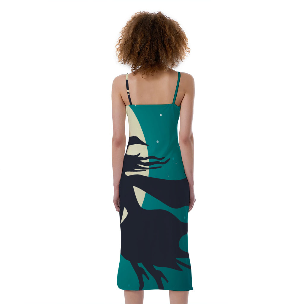 Full Moon Halloween Flying Witch Print Slim Fit Midi Cami Dress