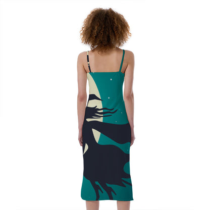 Full Moon Halloween Flying Witch Print Slim Fit Midi Cami Dress