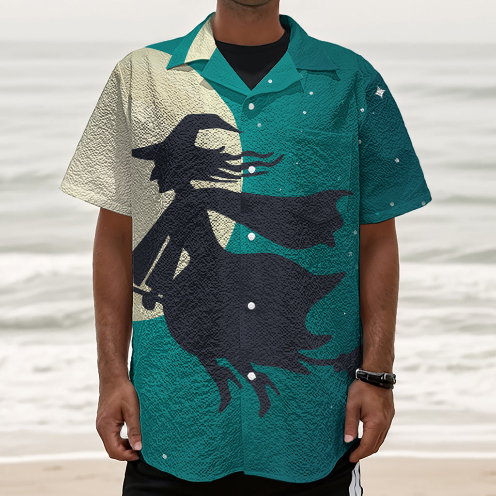 Full Moon Halloween Flying Witch Print Textured Short Sleeve Shirt