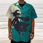 Full Moon Halloween Flying Witch Print Textured Short Sleeve Shirt