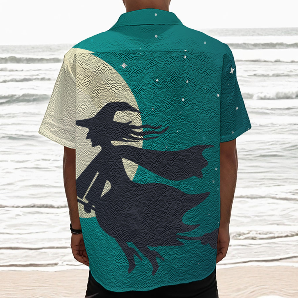 Full Moon Halloween Flying Witch Print Textured Short Sleeve Shirt