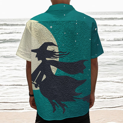 Full Moon Halloween Flying Witch Print Textured Short Sleeve Shirt