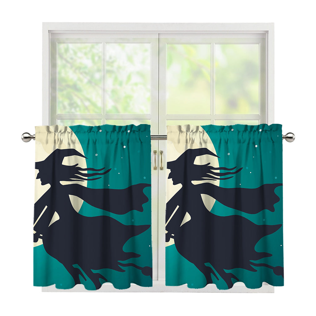 Full Moon Halloween Flying Witch Print Tier Curtains