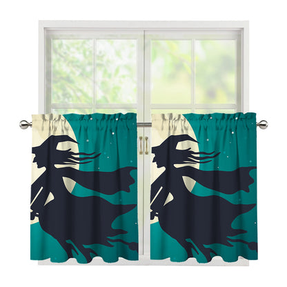 Full Moon Halloween Flying Witch Print Tier Curtains